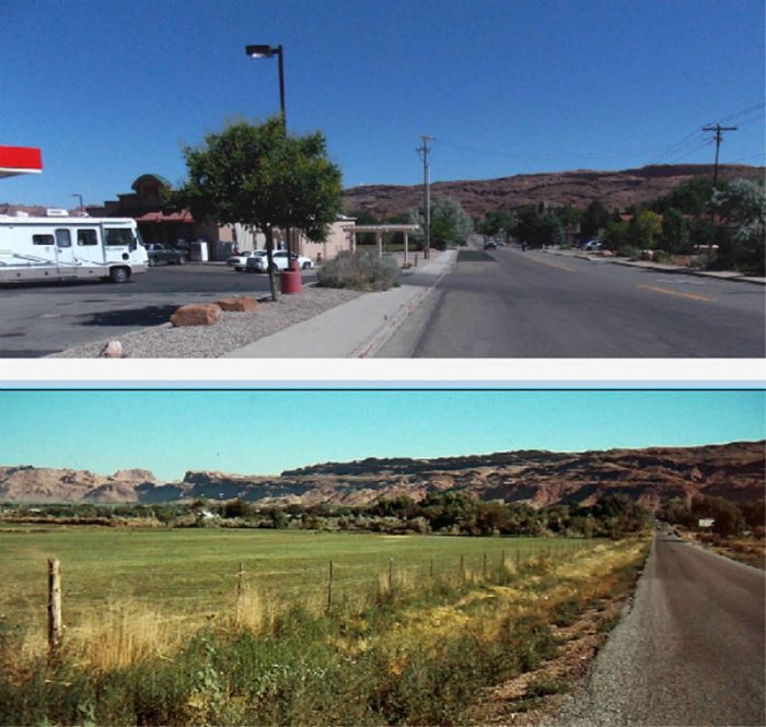 The junction of 400 E and Main Street. 1978 and 2017. photos by Jim Stiles