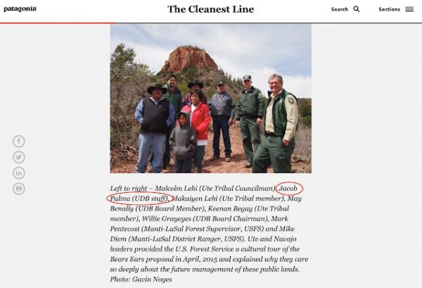 Jake Palma worked for Utah Diné Bikéyah in April 2015 when he participated in a tour of Bears Ears country with UDB board members and representatives of the U.S. Forest Service. This photo was part of a blog published by a funder of UDB, the outdoor recreation corporation Patagonia, called "The Cleanest Line." (Screen grab)