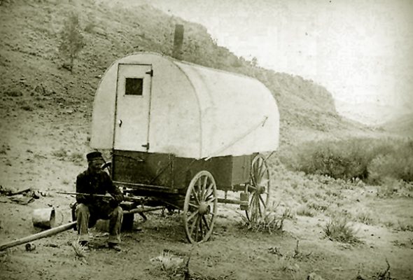 Wyoming Sheepherder with his Wagon. 