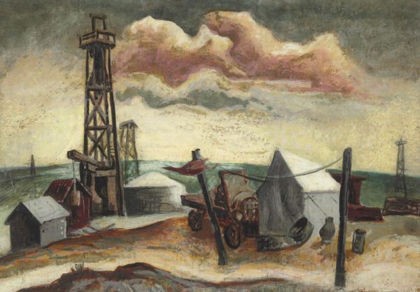 “Camp with Oil Rig” (Jackson Pollock, circa 1930-1933, when he was a student of Thomas Hart Benton)