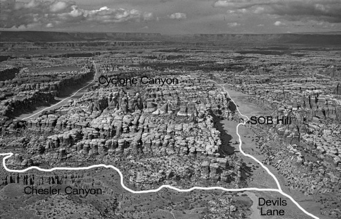 Aerial photo of the north Grabens area with projected roads drawn in. Through Chesler Canyon to Devils Lane would be a newly created road, whereas the others followed existing jeep trails. — Photo by Owen Severance