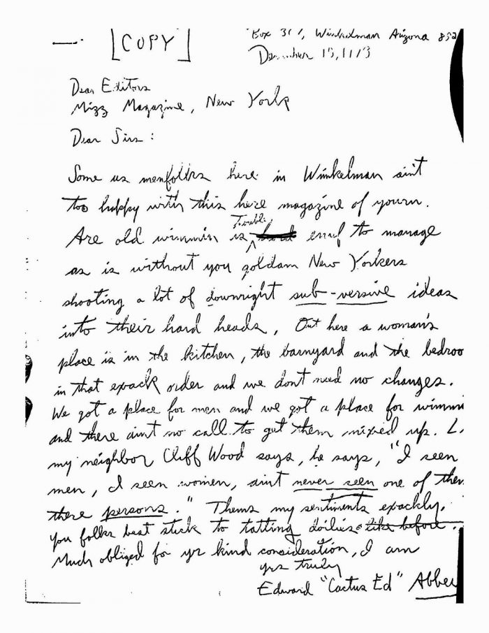 Author's Copy of Abbey's "Dear Sirs" Letter to the Editors of Ms Magazine. (c) Edward Abbey. All Rights Reserved.