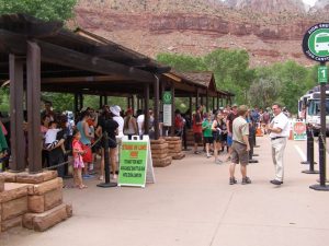 The line for the shuttle bus at Zion National Park, courtesy of NPS