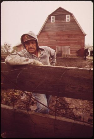 John Dolezal stands in rain on his farm near Bee, Nebraska. May, 1973. Photo by Charles O'Rear