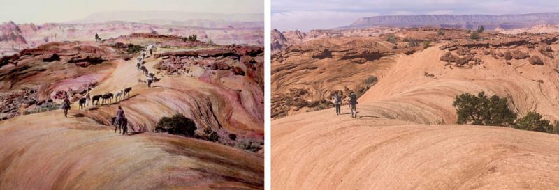 Historic photographs, such as the 1909 view on the left, were used during reconnaissance hikes to relocate the original route to Rainbow Bridge