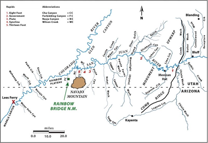 Map of San Juan River from Bluff to confluence with the Colorado River and south to Lees Ferry (note #2 shows location of “Government Rapid”)