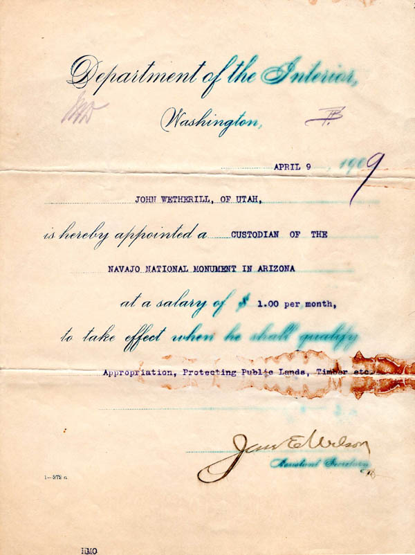 The General Land Office certificate appointing John Wetherill custodian of Navajo National Monument
