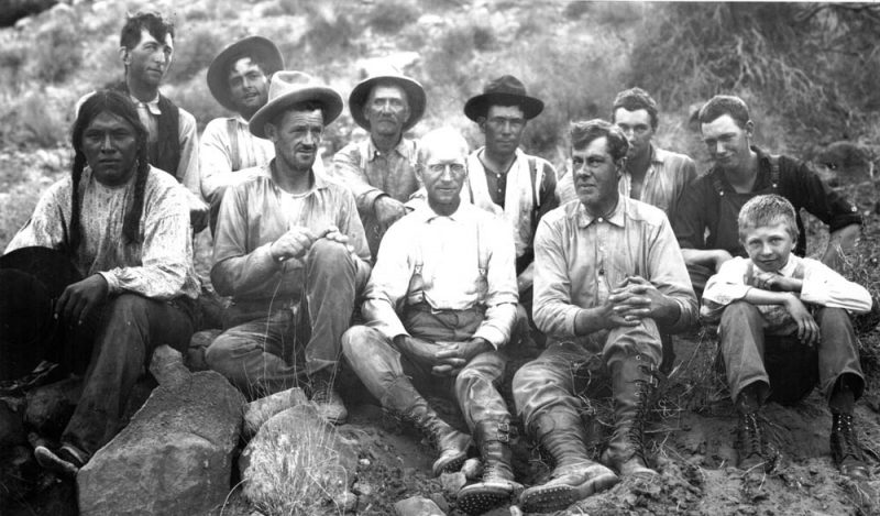 Some of the participants in the 1909 Rainbow Bridge expedition. Front row, left to right: Jim Mike, John Wetherill, Byron Cummings, William B. Douglass, and Malcolm Cummings. Back row: John English, Dan Perkins, Jack Keenan, Jean Rogerson, Neil Judd, and Don Beauregard.