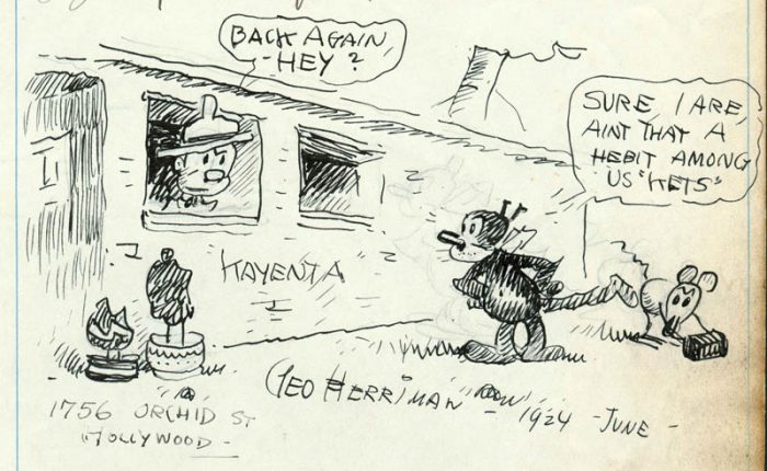 George Herriman used his famous cartoon character, Krazy Kat, as his alter ego when he revisited Kayenta in 1924