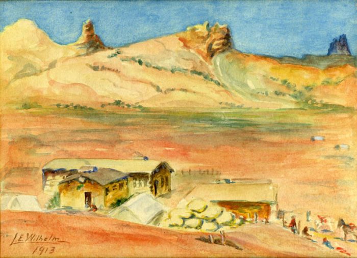 Lillian Wilhelm’s 1913 painting of Kayenta looking north. The distinguishing sandstone formation in the upper center is known as The Toes.