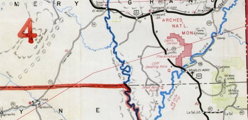 1948-49 Utah State Map instructs drivers to "carry water" on Highway 24. 