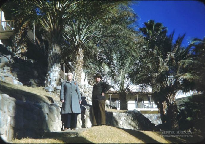 Sadie and Joseph Ringer in the gardens at the Furnace Creek Inn. 1948