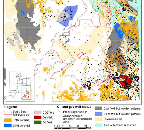 Oil potential in the Cedar Mesa/Bears Ears area, with the monument outlined in red.
