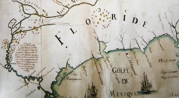 Detail from a reproduction of LaSalle's map shows how badly he misjudged the route of the Mississippi River