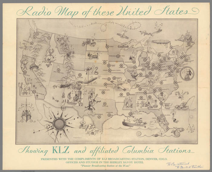 Radio map of these United States. Showing KLZ and affiliated Columbia stations. 1922. From the David Rumsey collection. 