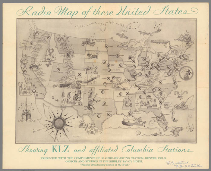 Radio map of these United States. Showing KLZ and affiliated Columbia stations. 1922. From the David Rumsey collection.