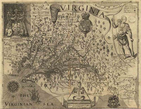 John Smith's map of Virginia. 1611. Large view available via NPS.