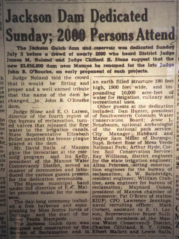 July 7, 1949 newspaper clipping about Jackson Dam Dedication