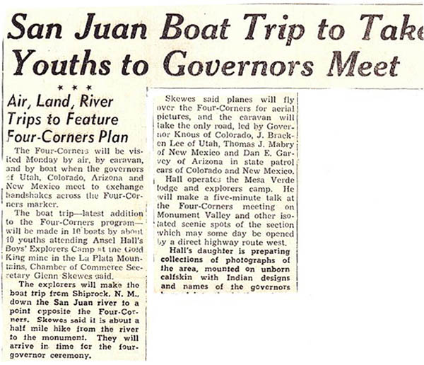 Newspaper clip re: upcoming Four Corners dedication & group arriving by boat