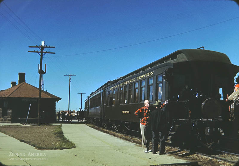 Joseph Ringer in conversation after the train's arrival in Antonito, CO. 1948. Photo by Herb Ringer