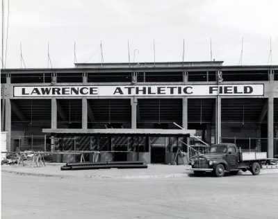 The "Lawrence" Stadium before the death of Wichita Sportswriter Raymond "Hap" Dumont, who founded the National Baseball Congress at this field in 1935. c/o The Wichita Public Library Photograph Collection.