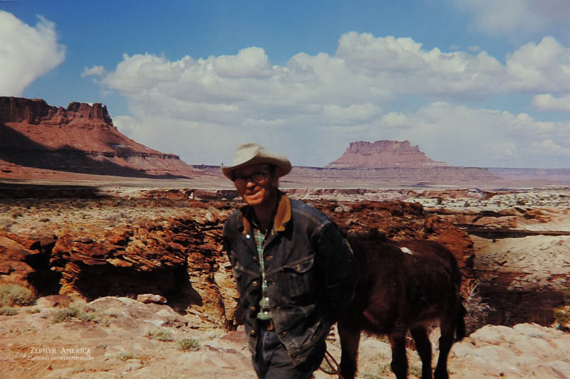 MR PETE STEELE. "Cowboy Extraordinaire". (Ekker Butte visible in the distance.)  MAY 1970. Photo by Edna Fridley