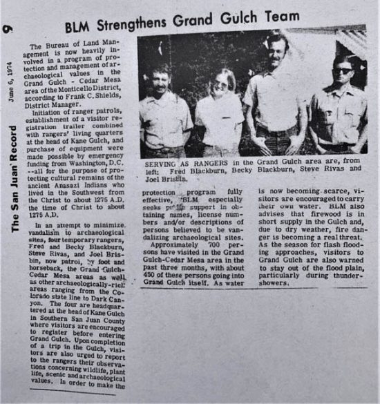 Clipping from San Juan Record June 6, 1974, announcing the BLM Grand Gulch Ranger Program
