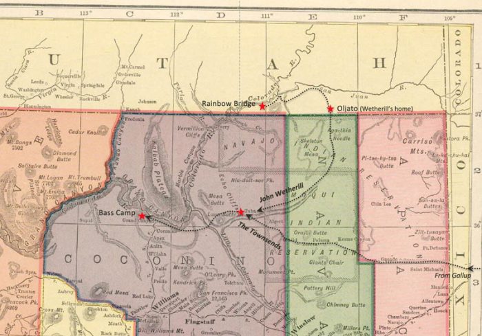 The Townsends met their guide, John Wetherill, at Tuba City, Arizona, and proceeded west to the Grand Canyon. After exploring the canyon, they continued on to Navajo National Monument, Wetherill’s trading post at Oljato, Utah, and Rainbow Natural Bridge.