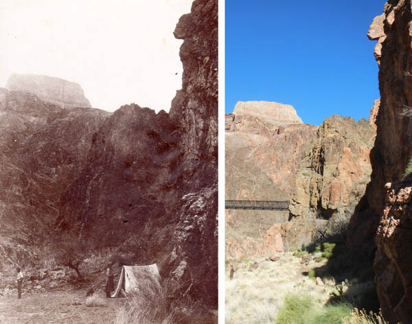 John Wetherill and Eleanor Townsend at the foot of what is now the South Kaibab Trail in the Grand Canyon. The modern photo from the same vantage point shows the Black Bridge across the Colorado River.