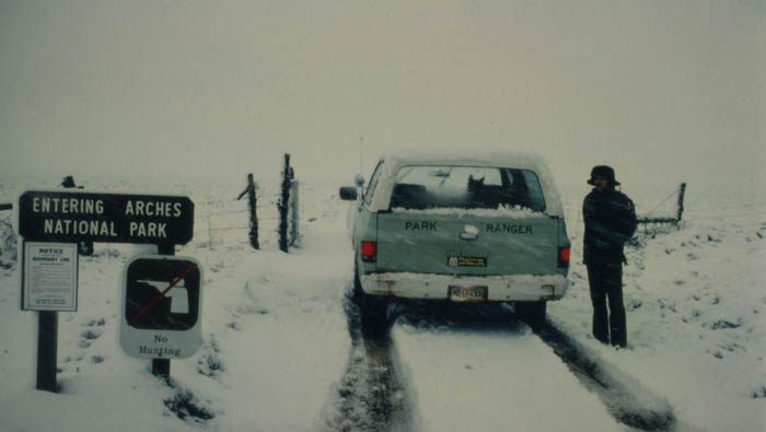 Arches in the Winter of 1982. Muckluk riding shotgun... photo by Jim Stiles