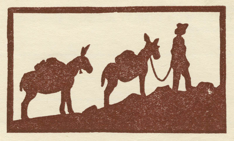Everett Ruess carved this silhouette of a man and two burros (likely himself with Chocolatero and Cockleburrs) and used the image on Christmas cards he sent from San Francisco in 1933. Photo from Special Collections, J. Willard Marriott Library, The University of Utah, Everett Ruess Family Photograph Collection P1194N01_02_012.