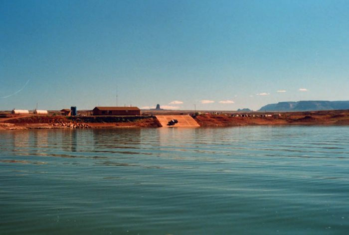 Paiute Farms Marina, 1987 near-full pool. Abandoned in early 1990s and ramp area reclaimed as reservoir level dropped. (G.M. Stevenson photo)
