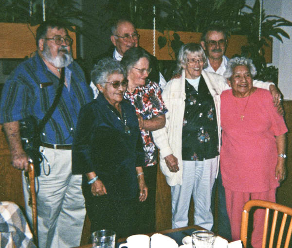 The last reunion of the younger generation of canyon kiddies a few decades ago. Left to right: Benjamin Alfred, Betty Zane, William John, Dorothy Lillian, Johni Lou, Robert Lewis, and Fanny. All of them have since passed on except Dorothy, who is 96 years old.