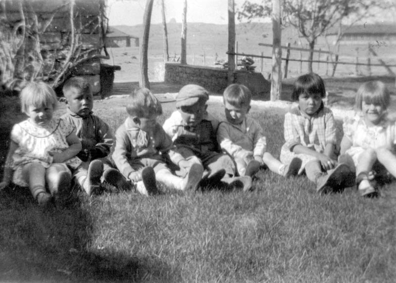 Some Kayenta kiddies in about 1928. Left to right: Dorothy Kilcrease, Lee Bradley, Jr., Milton Wetherill, Frank Bradley, William Wetherill, Sarah Louise Bradley, and Johni Lou Kilcrease. Milton and William were the sons of Ben Wetherill. Lee, Frank, and Sarah Louise were the children of Lee and Sarah Bradley, a prominent local family.