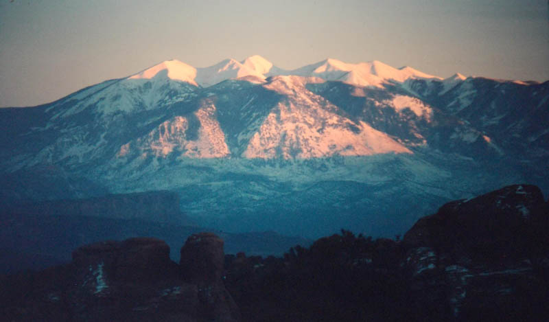 The La Sal Mtns from Arches National Park. November 1976. Photo by Jim Stiles