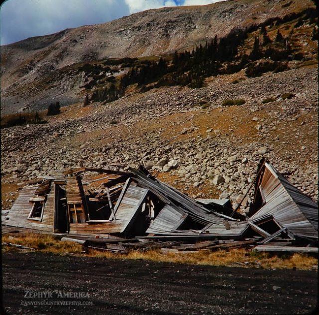 Remains of a 2-story boardinghouse that once stood near the station. 1966. Photo by Herb Ringer