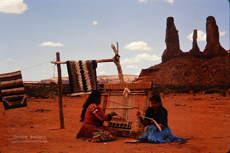 Two Cly daughters weaving rugs. Photo by Edna Fridley. 1965