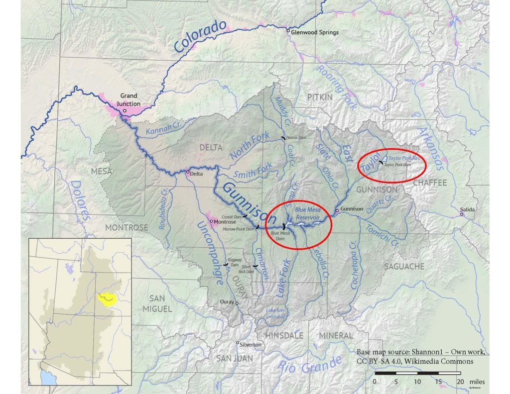 Gunnison River basin:  Red ovals show the locations of the Blue Mesa Reservoir and dam and the Taylor Park Reservoir and dam to the northeast.  